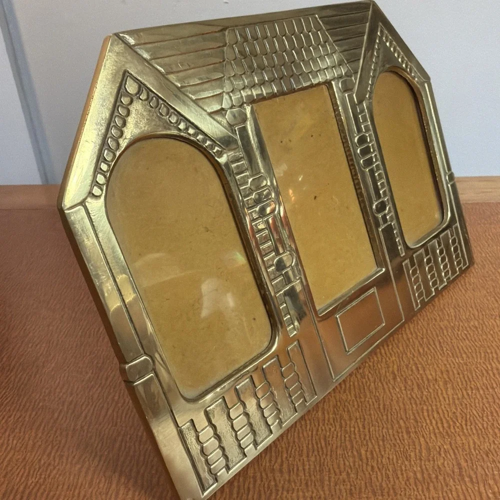 Vtg Brass Triple Photo Frame House Theme 8.5